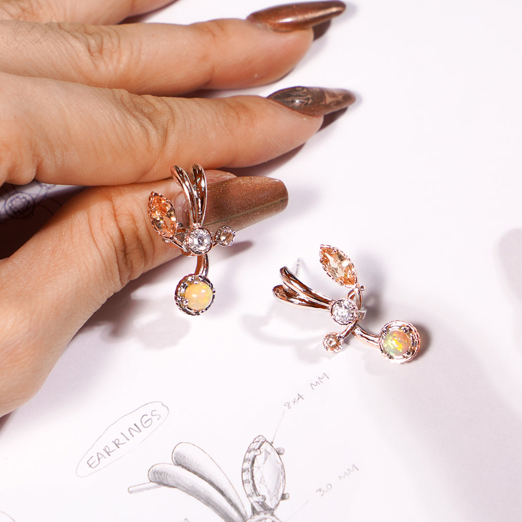 Grand Floral Earrings [Opal/Champagne gems]