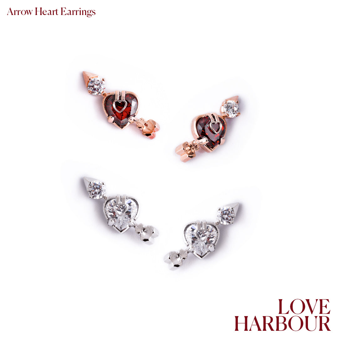 Arrow Heart Earrings [Red gems/Pink gold]