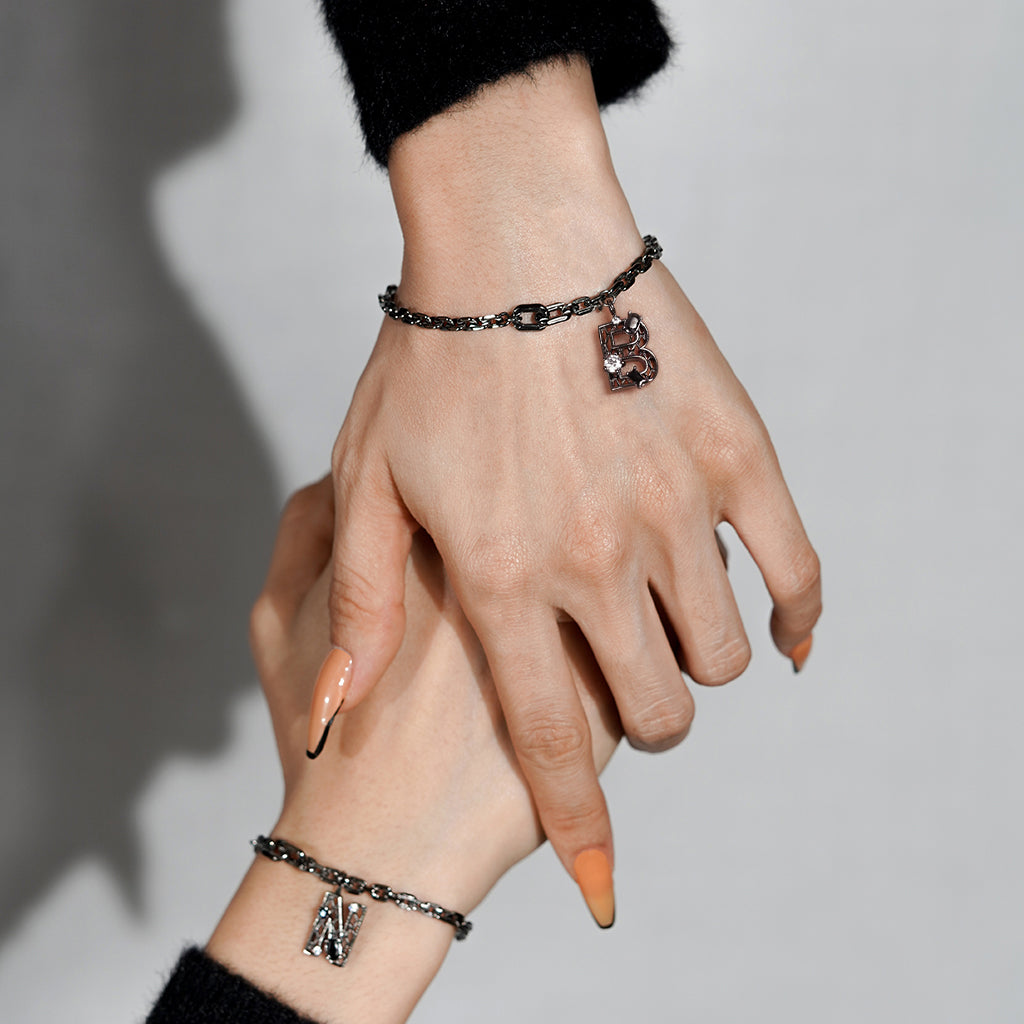 New Alphabet B Bracelet [Black/White gems]