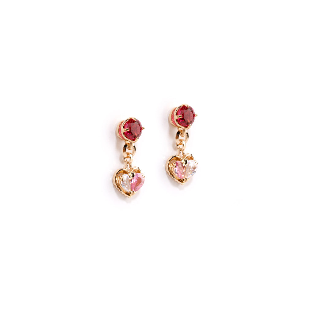 Mini Love Song Stud Earrings [Shocking pink gems/Yellow gold]