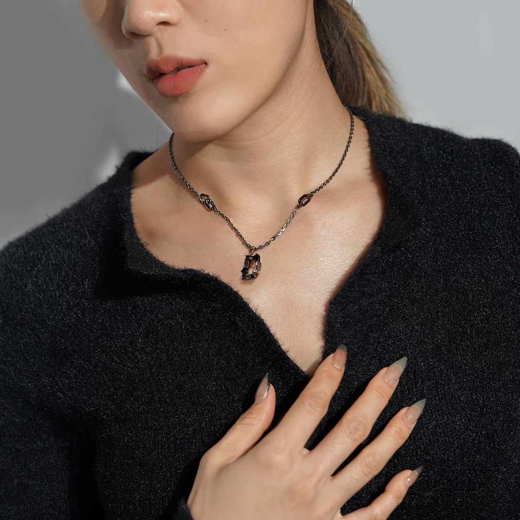 New Alphabet D Necklace [Black/White gems]