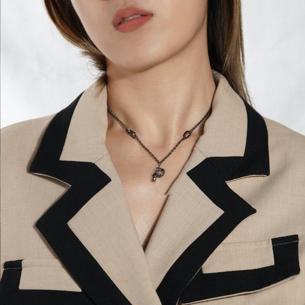 New Alphabet P Necklace [Black/White gems]