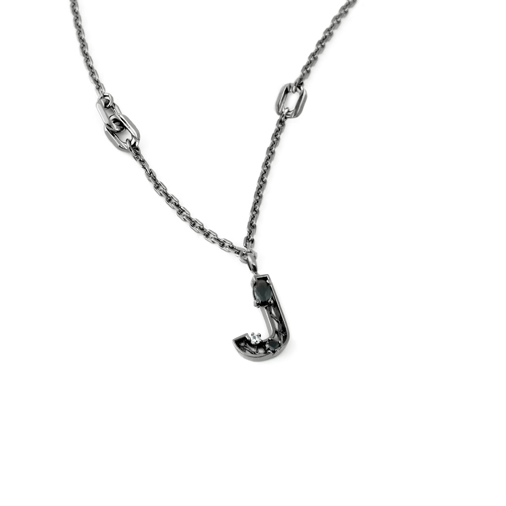 New Alphabet J Necklace [Black/White gems]