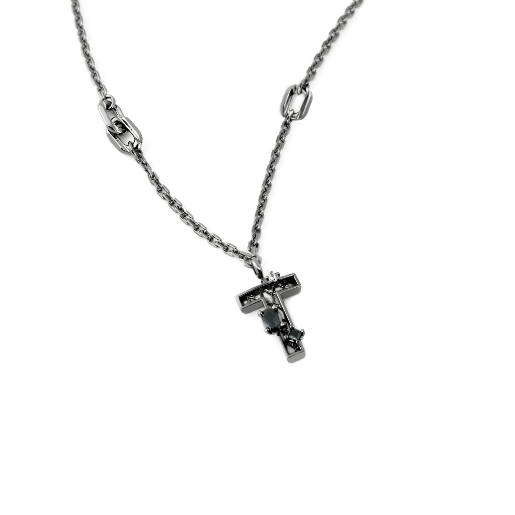 New Alphabet T Necklace [Black/White gems]