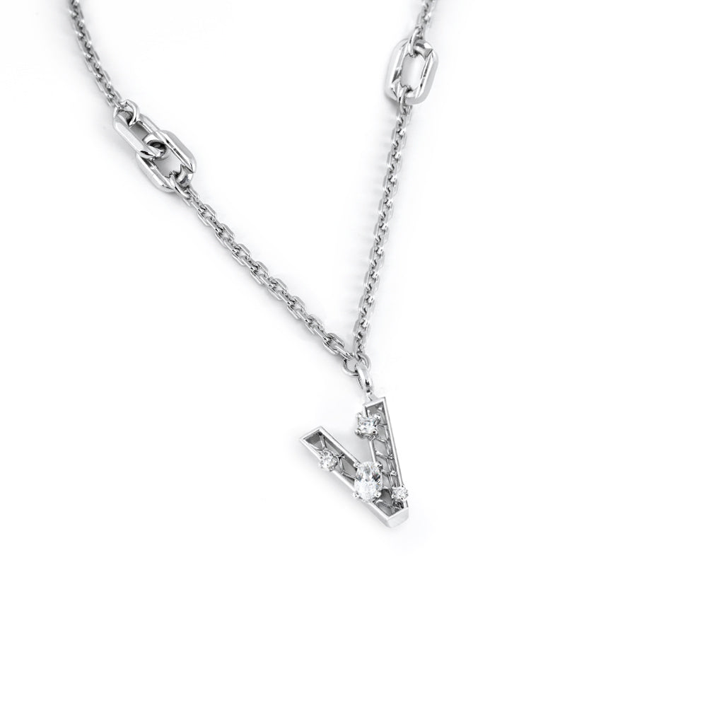 New Alphabet V Necklace [White gems]