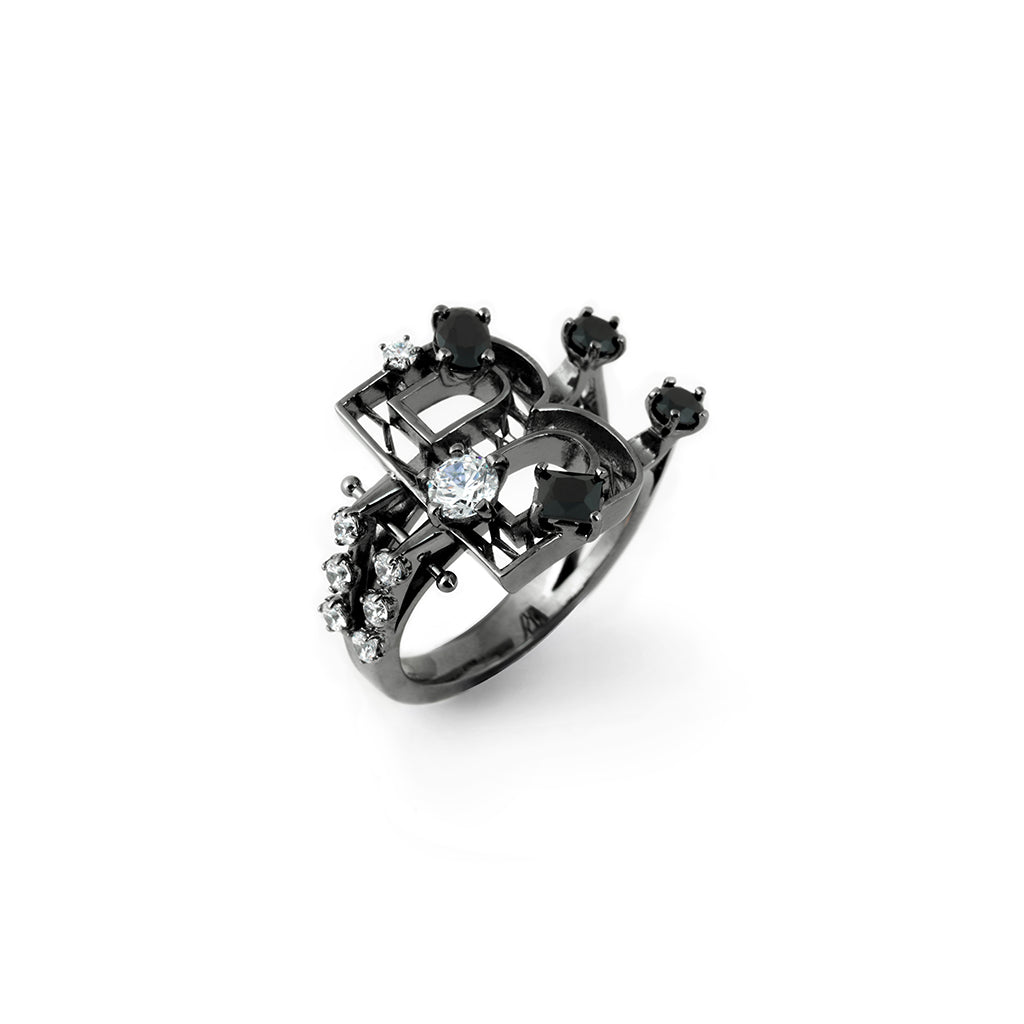New Alphabet B Ring [Black/White gems]