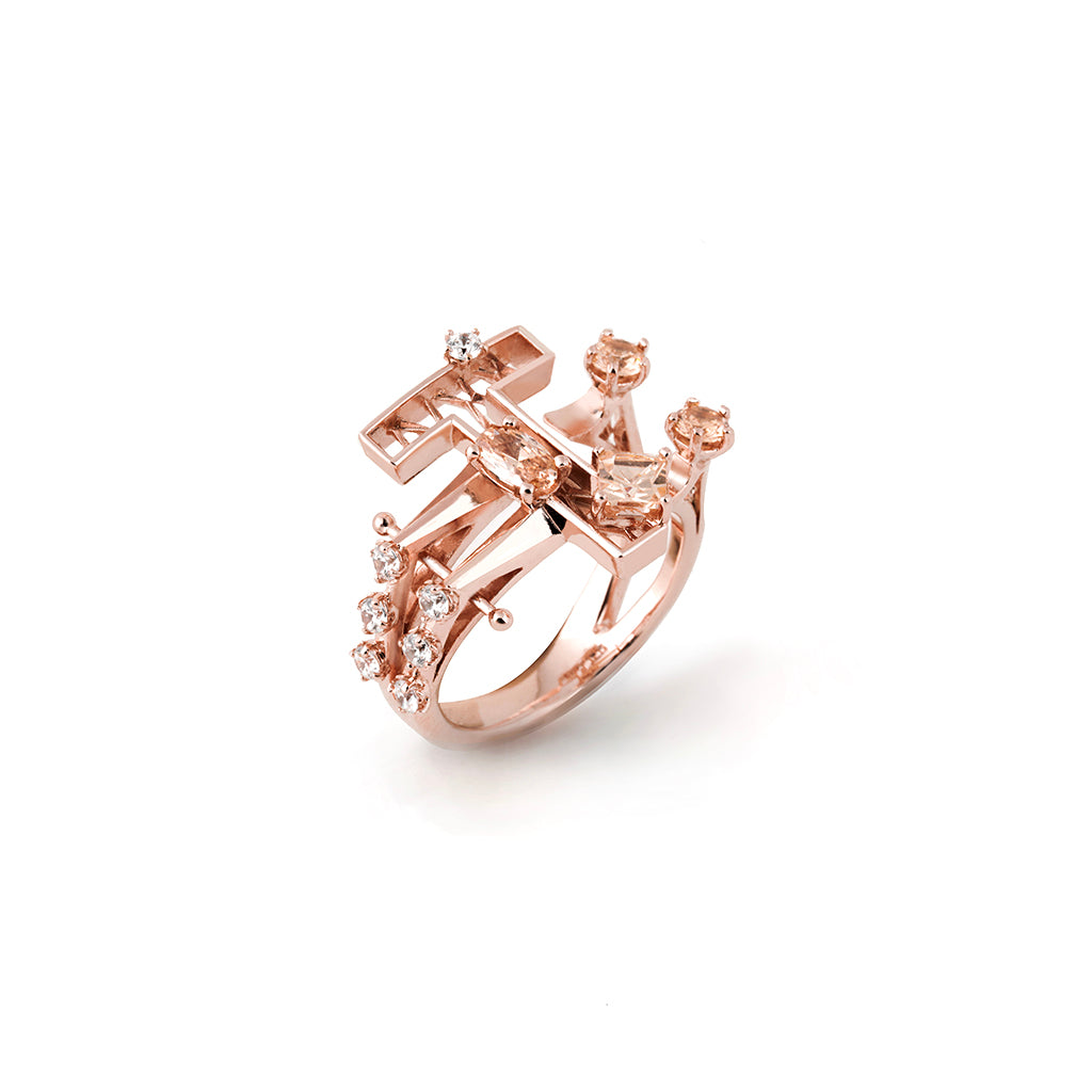 New Alphabet T Ring [Champagne/White gems]